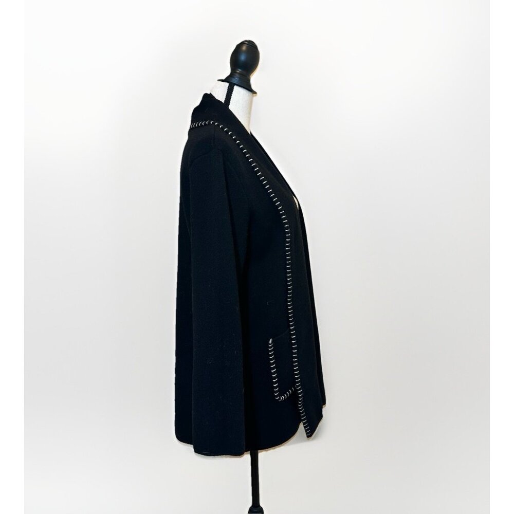 Magaschoni Sweater Women’s Large Black Cardigan White Stitch Trim Front Pockets - Picture 4 of 9